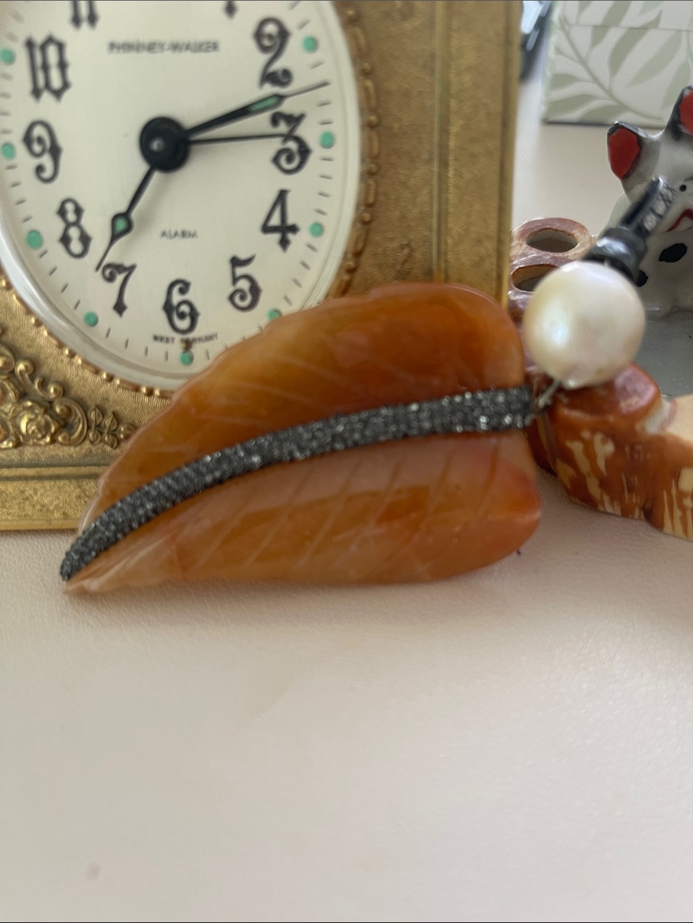 PENDANT Carved Amber Leaf with Pearl Accent